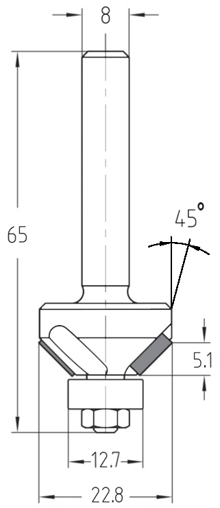 Technische Maßzeichnung des JSO Diamant-Fasefräsers 45° mit Abmessungen zu Durchmesser, Nutzlänge (5,1 mm) und Gesamtlänge.