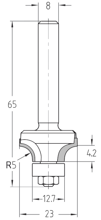 Technische Maßzeichnung des JSO Diamant-Abrundfräser R5 mit Abmessungen zu Durchmesser (23 mm) und Schnittlänge.