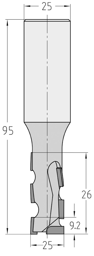Technische Maßzeichnung des JSO Diamant-Nutfräers (25x26mm) für Rechtslauf mit präzisen Bemaßungen der Diamantschneiden und des 25 mm Schafts.