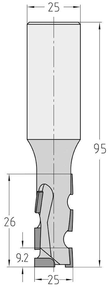 Technische Maßzeichnung des JSO Diamant-Nutfräers (25x26mm) für Linkslauf mit präzisen Bemaßungen der Diamantschneiden und des 25 mm Schafts.