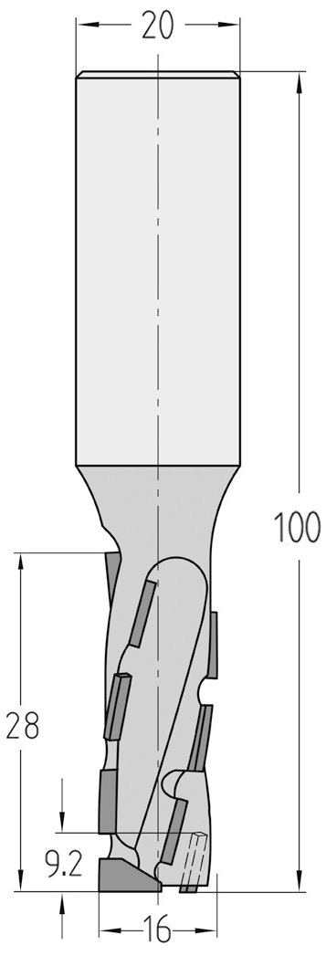 Technische Maßzeichnung des JSO Diastart-DUO Nutfräsers (16x28mm) für Linkslauf mit präzisen Bemaßungen der PKD-Schneiden und des 20 mm Schafts.