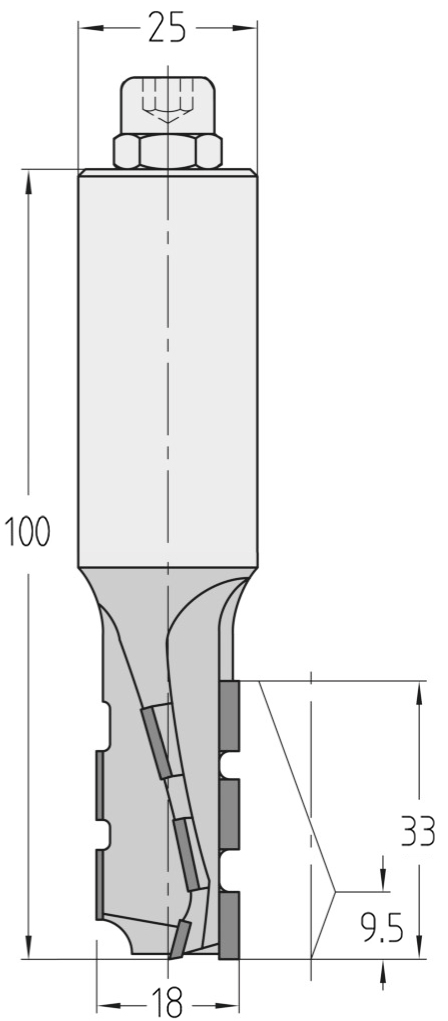 Technische Maßzeichnung des JSO Dianova-DUO Nutfräsers (18x33mm) für Rechtslauf mit präzisen Bemaßungen der PKD-Schneiden und des Schafts.
