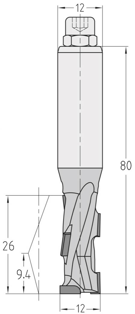 Technische Maßzeichnung des JSO Dianorm Nutfräsers (12x26mm) für Linkslauf mit präzisen Bemaßungen der PKD-Schneiden und des Schafts.