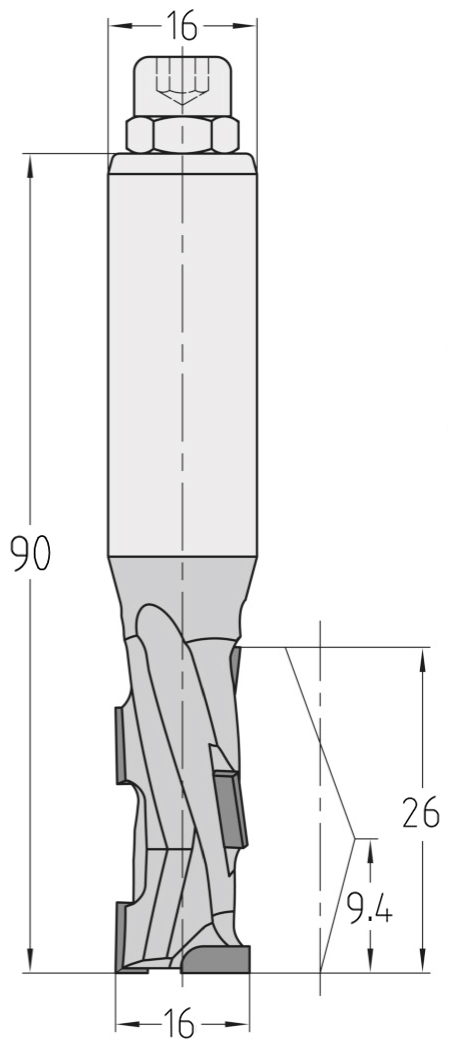 Technische Maßzeichnung des JSO Dianorm Nutfräsers (16x26mm) für Rechtslauf mit exakten Abmessungen der PKD-Bestückung und des Schafts.