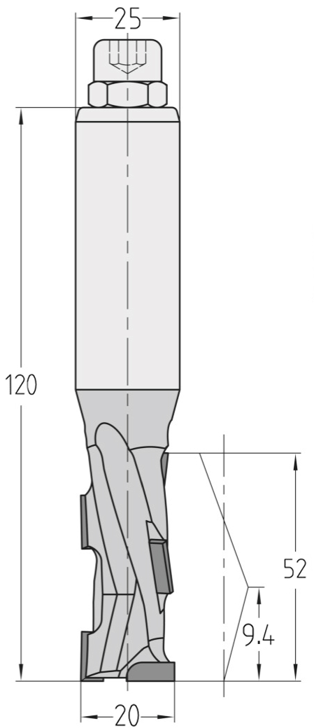 Technische Maßzeichnung des JSO Dianorm Nutfräsers (20x52mm) für Rechtslauf mit exakten Abmessungen der PKD-Bestückung und des 25 mm Schafts.