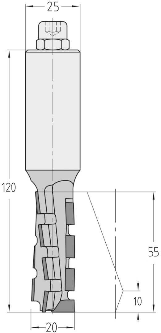 Technische Maßzeichnung des JSO Dianorm-DUO Nutfräser (20x55mm) für Rechtslauf mit exakten Abmessungen der PKD-Bestückung und des 25 mm Schafts.