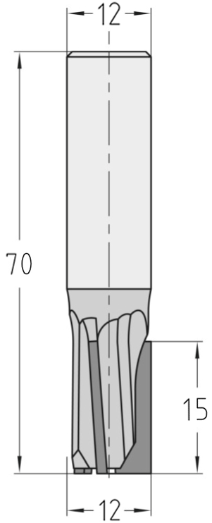 Technische Maßzeichnung des JSO CNC-Diamant-Nutfräsers Z=3 mit Rechtslauf und präzisen Bemaßungen für Durchmesser 12 mm, Nutzlänge 15 mm, Nachschärfzone von 3 mm und Gesamtlänge 70 mm.