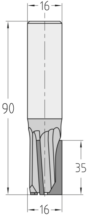 Technische Maßzeichnung des JSO CNC-Diamant-Nutfräsens Z=3 mit Rechtslauf und präzisen Bemaßungen für Durchmesser 16 mm, Nutzlänge 35 mm, Nachschärfzone von 4,5 mm und Gesamtlänge 90 mm.