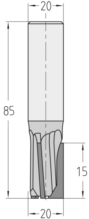 Technische Maßzeichnung des JSO CNC-Diamant-Nutfräsers Z=3 mit Rechtslauf und präzisen Bemaßungen für Durchmesser 20 mm, Nutzlänge 15 mm, Nachschärfzone von 4,5 mm und Gesamtlänge 85 mm.