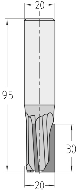 Technische Maßzeichnung des JSO CNC-Diamant-Nutfräsens Z=3 mit Rechtslauf und präzisen Bemaßungen für Durchmesser 20 mm, Nutzlänge 30 mm, Nachschärfzone von 4,5 mm und Gesamtlänge 95 mm.