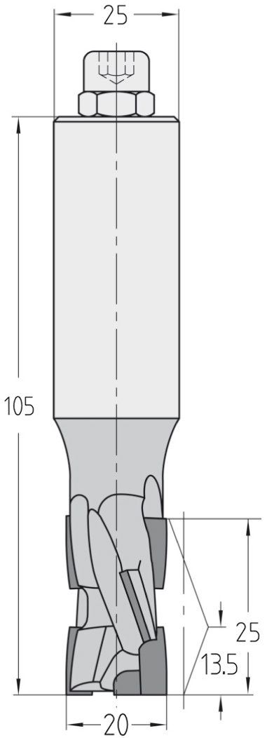 Technische Maßzeichnung des JSO Diatec Nutfräers (20x25mm) für Rechtslauf mit genauen Abmessungen der verschachtelten PKD-Bestückung und des Schafts.