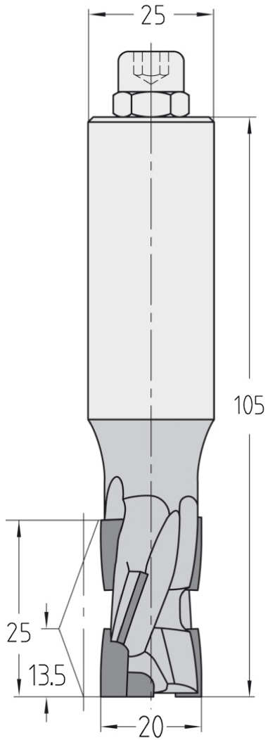 Technische Maßzeichnung des JSO Diatec Nutfräsers (20x25mm) für Linkslauf mit genauen Abmessungen der verschachtelten PKD-Bestückung und des Schafts.