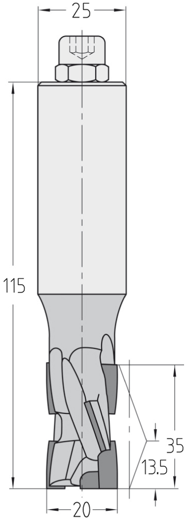 Technische Maßzeichnung des JSO Diatec Nutfräsers (20x35mm) für Rechtslauf mit genauen Abmessungen der verschachtelten PKD-Bestückung und des Schafts.