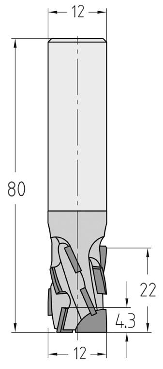 Technische Maßzeichnung des JSO Diatec-Pro-TRIO Nutfräsers (12x22mm) für Rechtslauf mit exakten Details der verschachtelten Z=3+3 PKD-Bestückung und des Schafts.