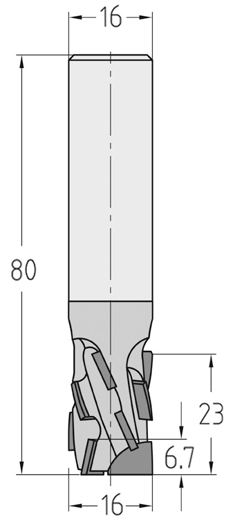 Technische Maßzeichnung des JSO Diatec-Pro-TRIO Nutfräsers (16x23mm) für Rechtslauf mit exakten Details der verschachtelten Z=3+3 PKD-Bestückung und des Schafts.