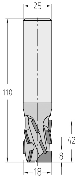 Technische Maßzeichnung des JSO Diatec-Pro-TRIO Nutfräsers (18x42mm) für Rechtslauf mit exakten Details der verschachtelten Z=3+3 PKD-Bestückung und des Schafts.