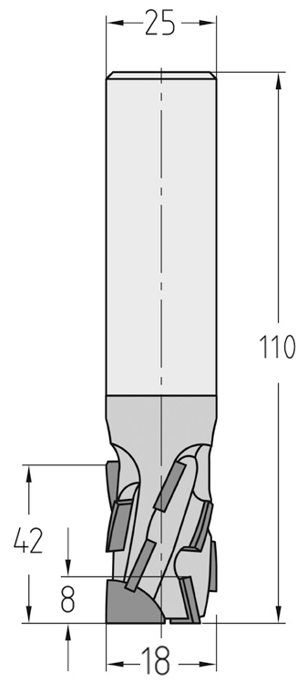 Technische Maßzeichnung des JSO Diatec-Pro-TRIO Nutfräsers (18x42mm) für Linkslauf mit exakten Details der verschachtelten Z=3+3 PKD-Bestückung und des Schafts.