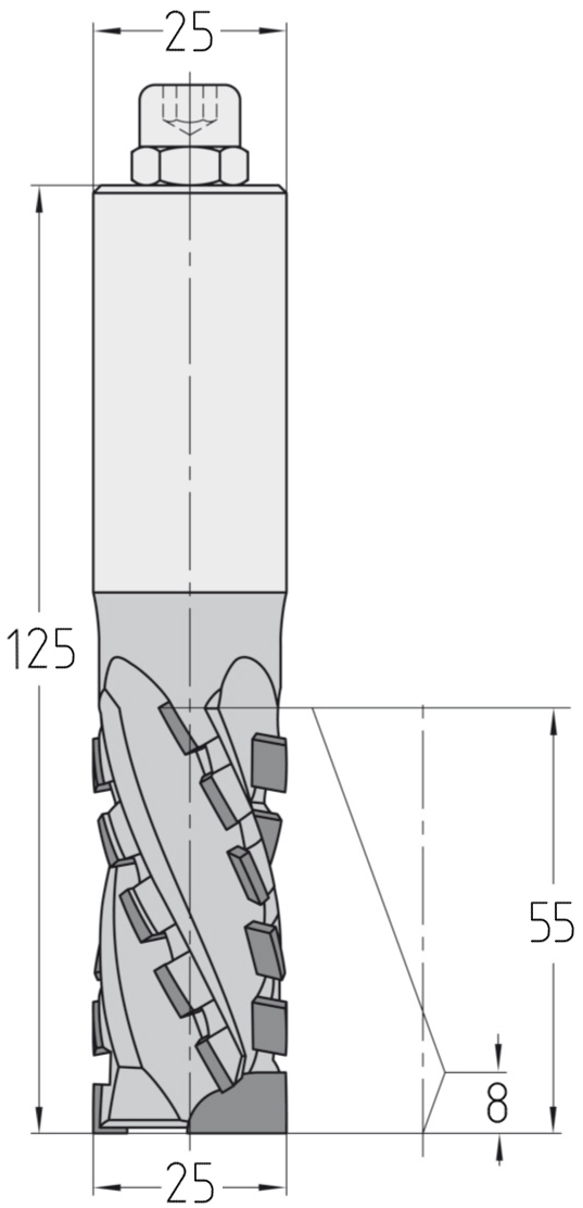 Technische Maßzeichnung des JSO Diatec-WOOD Nutfräswerkzeugs (25x55mm) für Rechtslauf mit genauen Bemaßungen der PKD-Schneidensegmente und des Tragkörpers.
