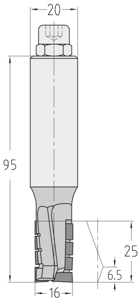 Technische Maßzeichnung des JSO Diamatic-DUO Nutfräswerkzeugs (16x25mm) für Rechtslauf mit exakten Bemaßungen von Schaft und PKD-Schneidenaufteilung.