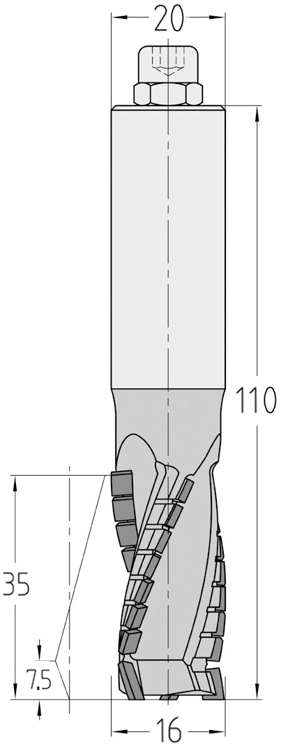 Technische Maßzeichnung des JSO Diamatic Nutfräswerkzeugs (16x35mm) für Linkslauf mit Angabe der axialen Schneidenschräge der dreischneidigen PKD-Bestückung.