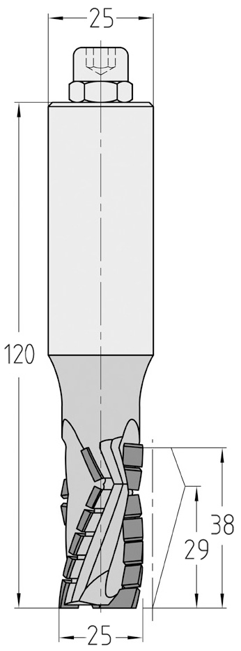 Technische Maßzeichnung des JSO Diamatic Nutfräswerkzeugs (25x38mm) für Rechtslauf mit Angabfe der axialen Schneidenschräge der dreischneidigen PKD-Bestückung und des S 25 Schafts.