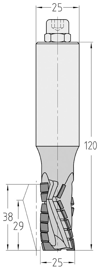 Technische Maßzeichnung des JSO Diamatic Nutfräswerkzeugs (25x38mm) für Linkslauf Angabe der axialen Schneidenschräge der dreischneidigen PKD-Bestückung und des S 25 Schafts.