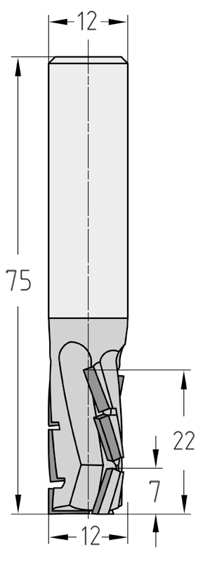 Technische Maßzeichnung des JSO Diamatic-TRIO Nutfräswerkzeugs (12x22 mm, Gesamtlänge 75 mm) für Rechtslauf mit Angabe der versetzten axialen Schneidenschräge der PKD-Segmente.