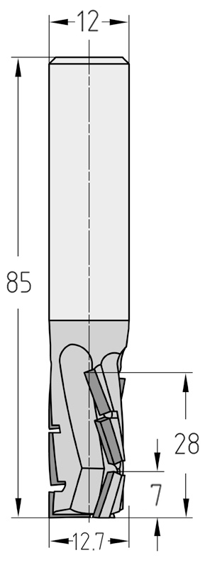 Technische Maßzeichnung des JSO Diamatic-TRIO Nutfräswerkzeugs (12,7x28 mm, Gesamtlänge 85 mm) für Rechtslauf mit Angabe der versetzten axialen Schneidenschräge der PKD-Segmente.