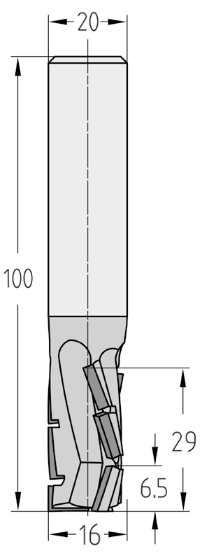 Technische Maßzeichnung des JSO Diamatic-TRIO Nutfräswerkzeugs (16x29 mm, Gesamtlänge 100 mm) für Rechtslauf mit Angabe der versetzten axialen Schneidenschräge der PKD-Segmente.