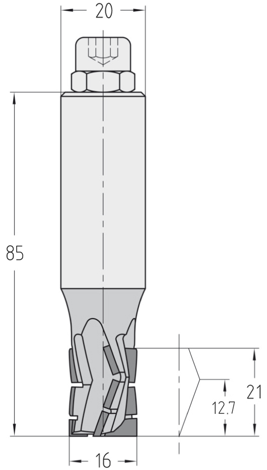 Technische Maßzeichnung des JSO Diamatic-QUATTRO Nutfräswerkzeugs (16x21 mm, Gesamtlänge 85 mm) für Rechtslauf mit Angabe der versetzten axialen Schneidenschräge der PKD-Segmente.