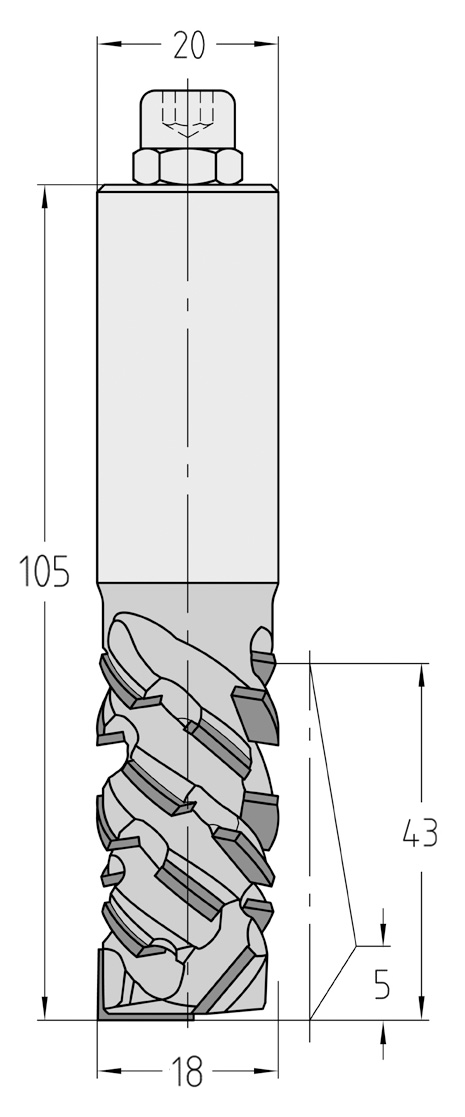 Technische Maßzeichnung des JSO Gigaspeed-DUO Fräswerkzeugs (18x43 mm, Gesamtlänge 105 mm) mit exakter Kennzeichnung der zweischneidigen Diamant-Geometrie und der Spanräume.
