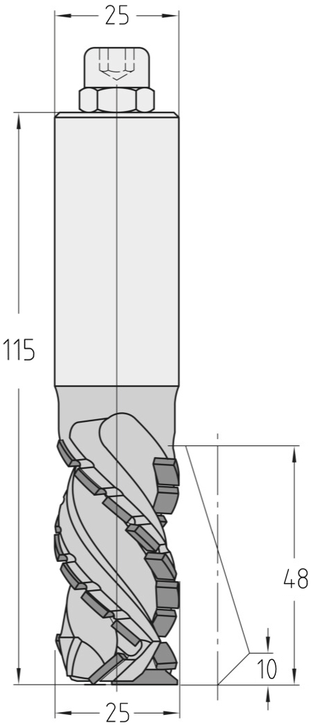 Technische Maßzeichnung des JSO Gigaspeed-DUO Nutfräswerkzeugs (25x48 mm, Gesamtlänge 115 mm) für Rechtslauf mit Angabe der Geometrie und der offenen Spanräume.