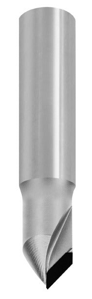 JSO CNC-Gravierfräser mit polykristalliner Diamantbestückung (DP/PKD), 90°-V-Nut-Geometrie, bis zur Mitte vollbestückter Z=1 Schneide, 14 mm Durchmesser und zylindrischem 16 mm Schaft.
