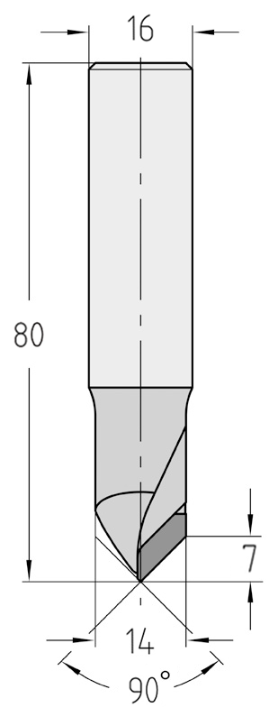 Technische Maßzeichnung des JSO DP V-Nutfräsers (90°, 14x7 mm, Gesamtlänge 80 mm) mit exakter Darstellung der Zentrumsspitze, der Nachschärfzone und des S16-Schafts.
