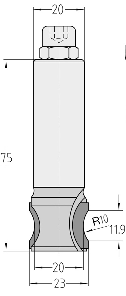 Technische Maßzeichnung des JSO Diamant-Bombierfräsers (Radius 10 mm, oberer Durchmesser 23 mm, Gesamtlänge 75 mm) mit exakter Darstellung der 4,5 mm PKD-Nachschärfzone und des Achswinkels.