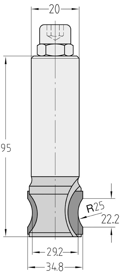 Technische Maßzeichnung des JSO Diamant-Bombierfräsers (Radius 25 mm, oberer Durchmesser 34,8 mm, Gesamtlänge 95 mm) mit exakter Darstellung der 5,0 mm PKD-Nachschärfzone und des Achswinkels.