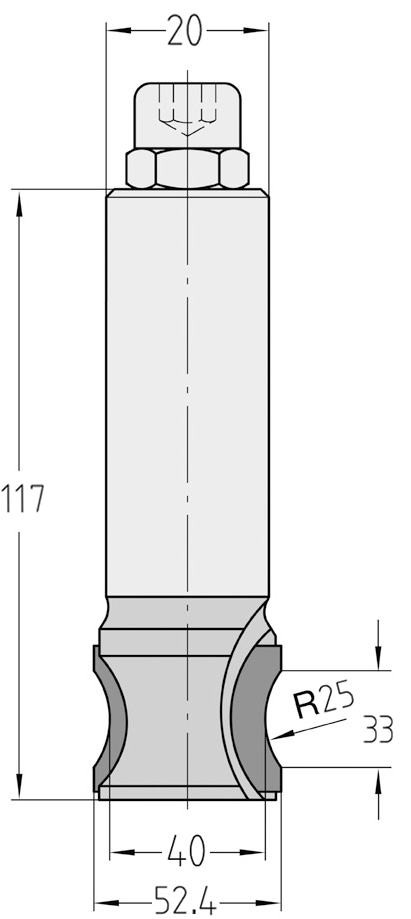 Technische Maßzeichnung des JSO Diamant-Bombierfräsers (Radius 25 mm, oberer Durchmesser 52,4 mm, Gesamtlänge 117 mm) mit exakter Darstellung der 6,5 mm PKD-Nachschärfzone und des wechselseitigen Achswinkels.