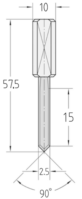 Technische Zeichnung des JSO VHW Bohrstifts Ø 2,5mm, Nutzlänge 15mm, Schaft 10mm und GL 57,5mm.