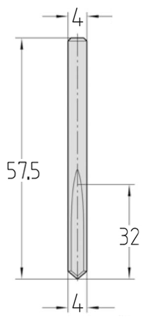 Technische Zeichnung des JSO VHW Bohrstifts Ø 4mm, Nutzlänge 32mm, Schaft 4mm und GL 57,5mm.