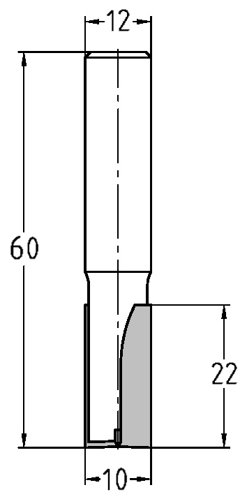 Technische Zeichnung Nutfräser Ø 10mm NL 22mm S 12mm – Maße für präzise Holzverbindungen