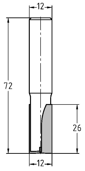 Technische Zeichnung Nutfräser Ø 12mm NL 26mm S 12mm – Maße für exakte Fräsarbeiten