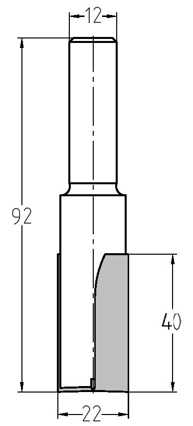 Technische Zeichnung Nutfräser Ø 22mm NL 40mm GL 92mm S 12mm – Maße für tiefe Fräsarbeiten