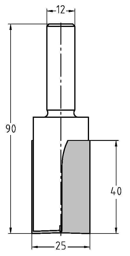 Technische Zeichnung Nutfräser Ø 25mm NL 40mm GL 92mm S 12mm – Maße für breite Fräsarbeiten