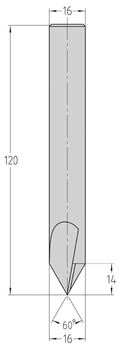 Technische Maßzeichnung des JSO VHW Ecken- und Gravierfräsers (60°, 16x14 mm, Gesamtlänge 120 mm) mit exakter Darstellung der Geometrie, der Nutzlänge und des zylindrischen S16-Schafts.
