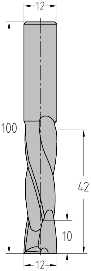 Technische Maßzeichnung des JSO VHW Schlichtfräsers (Ø 12 mm, lange Nutzlänge 42 mm, Gesamtlänge 100 mm) mit exakter Darstellung der JSO-XD beschichteten Wechseldrall-Schneidenzonen.