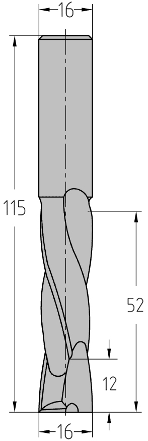 Technische Maßzeichnung des JSO VHW Schlichtfräsers (Ø 16 mm, lange Nutzlänge 52 mm, Gesamtlänge 115 mm) mit exakter Darstellung der JSO-XD beschichteten Wechseldrall-Schneidenzonen.
