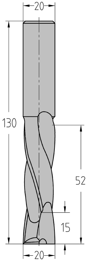 Technische Maßzeichnung des JSO VHW Schlichtfräsers (Ø 20 mm, lange Nutzlänge 52 mm, Gesamtlänge 130 mm) mit exakter Darstellung der JSO-XD beschichteten Wechseldrall-Schneidenzonen.