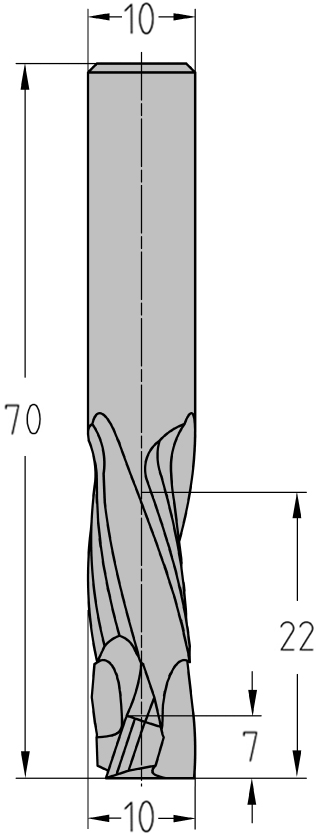 Technische Maßzeichnung des JSO VHW Schlichtfräsers (Ø 10 mm, Nutzlänge 22 mm, Gesamtlänge 70 mm) mit exakter Darstellung der JSO-XD beschichteten Z=3+3 Wechseldrall-Schneidenzonen.