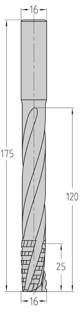 Technische Maßzeichnung des JSO VHW Schrupp-Schlosskastenfräsers mit XD-Coating, inklusive Kennzeichnung des gewellten Schneidenprofils, Durchmesser 16 mm, Nutzlänge 120 mm, Schaft 16 mm und Gesamtlänge 175 mm.