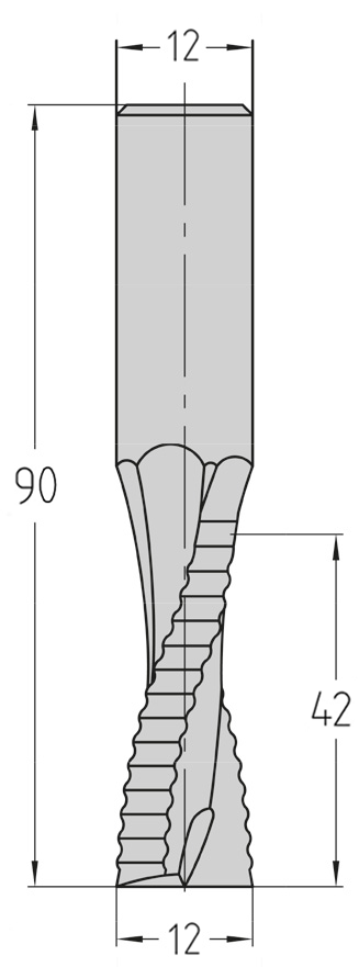 Technische Maßzeichnung des JSO VHW Schruppwerkzeugs (12x42 mm, Gesamtlänge 90 mm) mit präziser Darstellung der wellenförmigen Z=2 Schneidengeometrie und Drallrichtung.